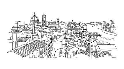 Obraz premium Florence skyline sketch, Duomo and Ponte Vecchio line drawing, Tuscany cityscape.
