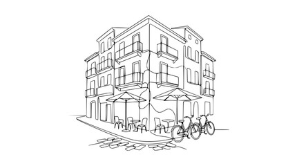 Fototapeta premium One Line Drawing of European Cafe Corner with Bicycles and Umbrellas