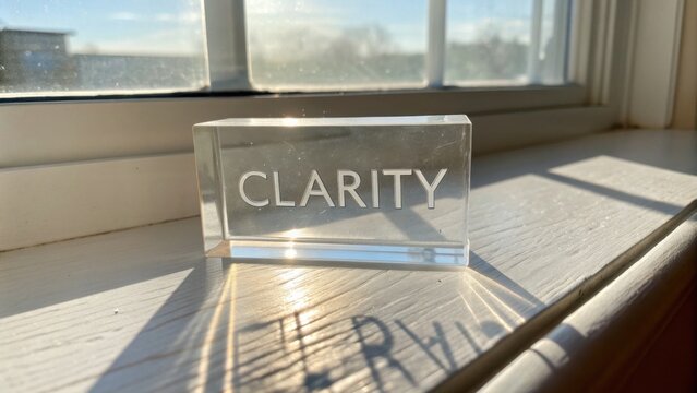 Clear Acrylic Block with the Word Clarity Highlighted by Natural Light in a Cozy Indoor Setting