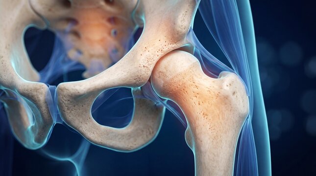 Human hip joint anatomy with highlighted bone
