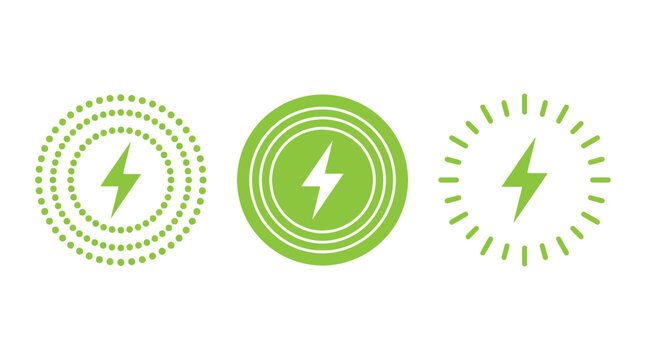 Bright green lightning bolt vector icons designed with minimalist circular patterns for modern digital interfaces