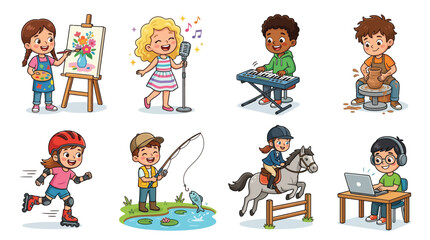 Fototapeta premium Colorful vector illustration set depicting diverse children engaged in various creative hobbies and fun activities