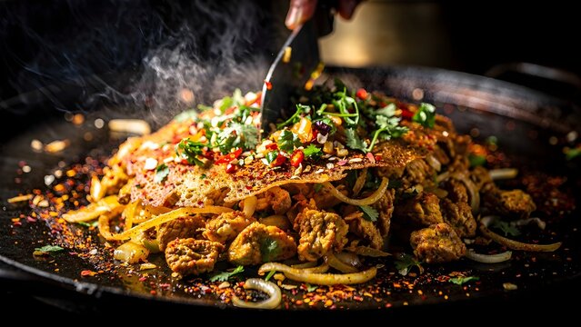 Sizzling Sri Lankan Chicken Kottu Roti Being Prepared Fresh on Hot Griddle Closeup