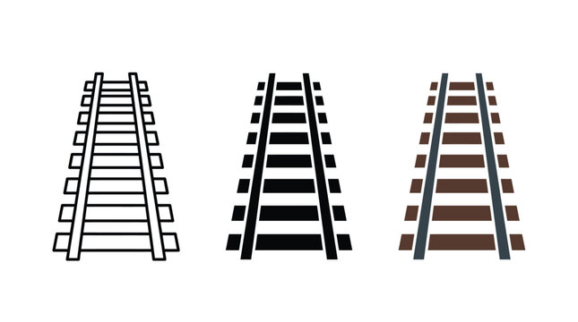 Minimalist vector illustration set featuring three distinct styles of industrial train track rail graphic designs