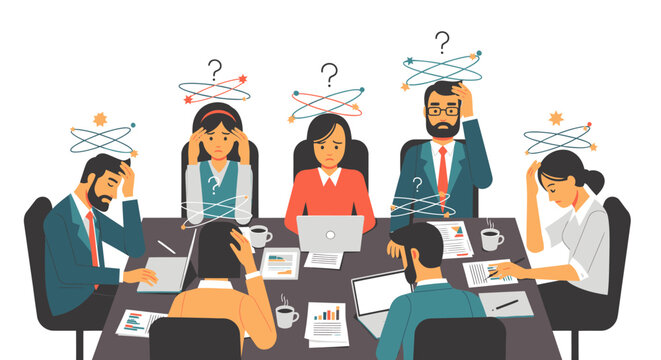 Stressed and Confused Business Team Struggling with Difficult Decisions and Overwhelming Problems in a Challenging Office Meeting