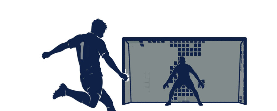 Soccer player silhouette taking penalty kick, football striker shooting at goal with goalkeeper, athletic sports vector illustration