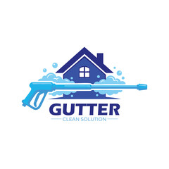 Fototapeta premium Modern logo featuring blue house with bubbles and pressure washer symbolizing professional gutter cleaning water flow and home maintenance service