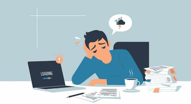 Frustrated young man at desk, struggling with slow loading laptop and internet, overwhelmed by technical issues and heavy workload, depicting burnout.