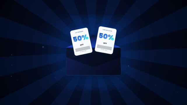 Discount offer animation with 50 off coupons on blue background