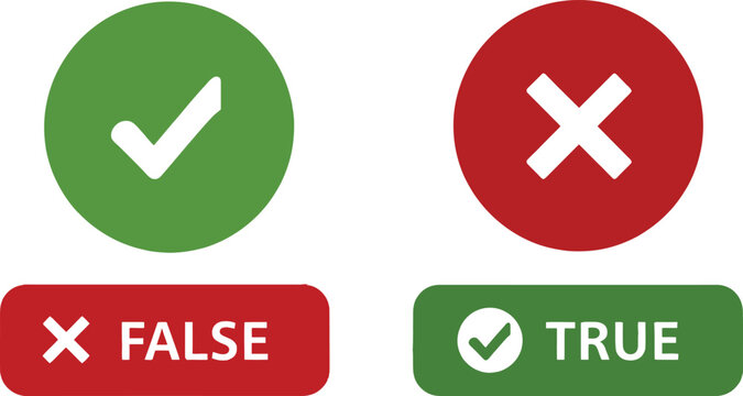 Green check mark and red cross mark symbols with true and false text labels, representing correct and incorrect choices on white background