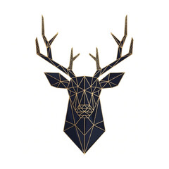 A geometric deer head with antlers is illustrated in gold and black.