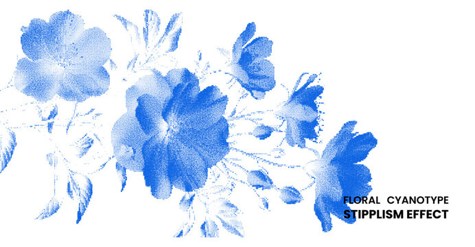 Floral cyanotype stipplism effect, artistic botanical illustration with blue dot pattern, vintage style flower drawing isolated on white background