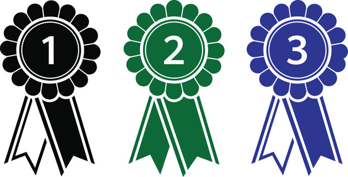 Set of three rosettes with ribbons numbered one, two, and three in black, green, and blue colors, isolated on a white background