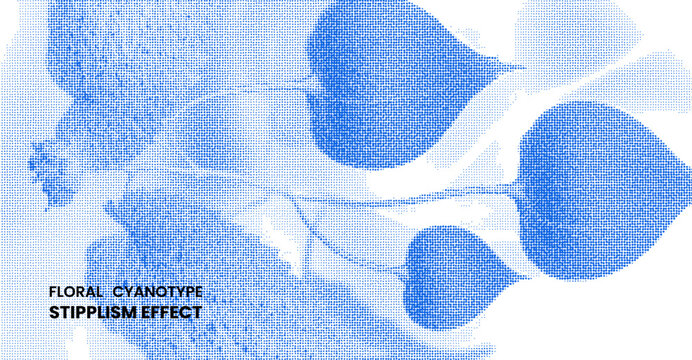 Floral cyanotype stipplism effect with heartshaped leaves, artistic blue dot pattern illustration on a clean white background