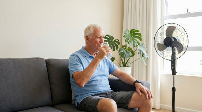 Thirst heat comfort weather hot day old man drink water relax living room fan. heat temperature dehydration. sun climate, refreshment drink water, summer beverage hydratation