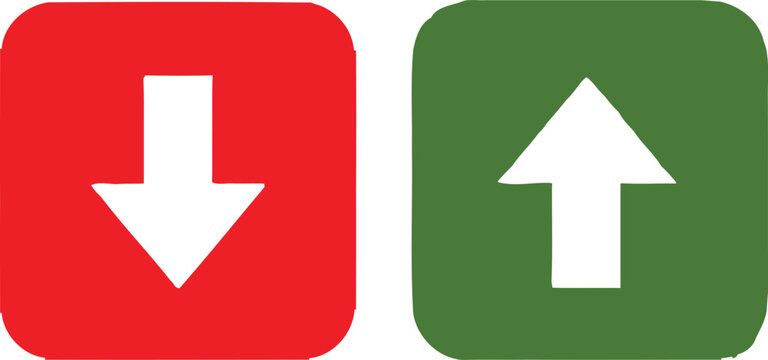 Two square with rounded corners featuring white arrows pointing down and up on red and green backgrounds, isolated on white background