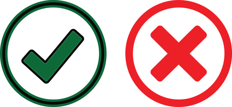 Two circular featuring a green checkmark and a red cross, representing correct and incorrect status, isolated on a white background