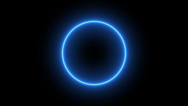 flickering neon blue circle animation on dark background. neon blue circular light flickering animation for video overlays.