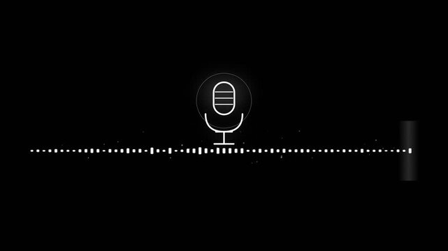 Glowing white line icon of a microphone with a dynamic digital audio wave equalizer and 'Podcast Live' text on a clean black background