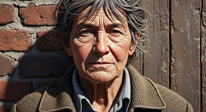 A weathered elderly woman with gray messy hair and deep facial wrinkles stares directly into the camera with serious eyes