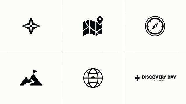 Set of travel and discovery icons with navigation tools and exploration themed symbols.