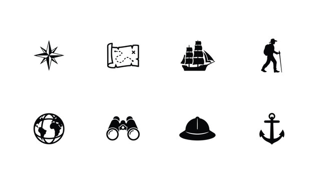 Black silhouette icons of travel equipment including navigation tools and outdoor items.