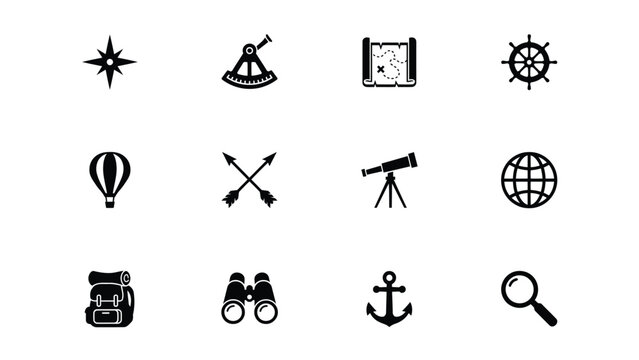 Set of travel navigation and exploration icons featuring map compass and binocular tools.