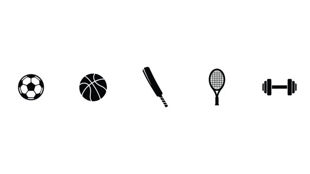 Professional sports equipment collection featuring balls bats racket and weight lifting.