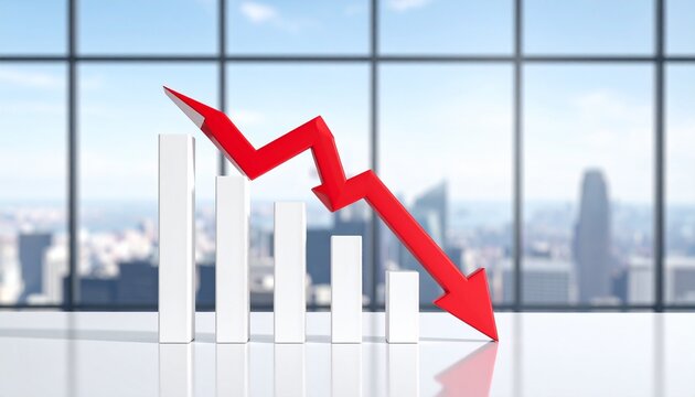 3D bar graph with white vertical bars decreasing left to right, red downward arrow across bars, blurred cityscape background, symbolic representation of decline, negative trend, business, financial pe