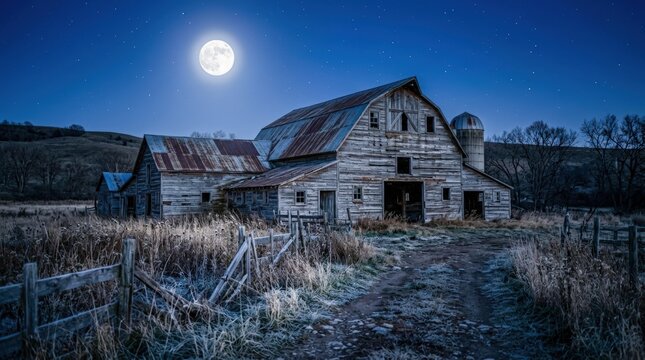 Abandoned Farmhouse Under Full Moon at Night.