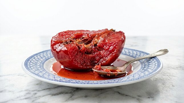 Ayva Tatlısı &ndash; Halved Candied Turkish Quince with Ruby Interior on White Plate Winter Dessert