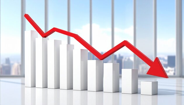 3D bar graph with white vertical bars decreasing left to right, red downward arrow across bars, blurred cityscape background, symbolic representation of decline, negative trend, business, financial pe