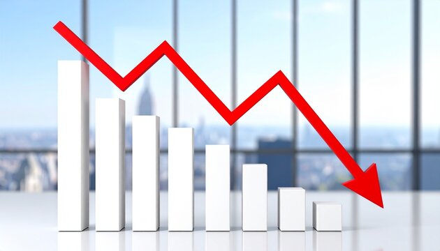 3D bar graph with white vertical bars decreasing left to right, red downward arrow across bars, blurred cityscape background, symbolic representation of decline, negative trend, business, financial pe