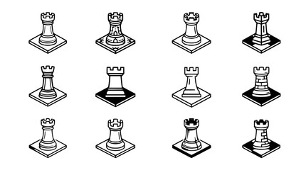 Collection of chess rook icons, isometric view, simple line art, black and white © Roti
