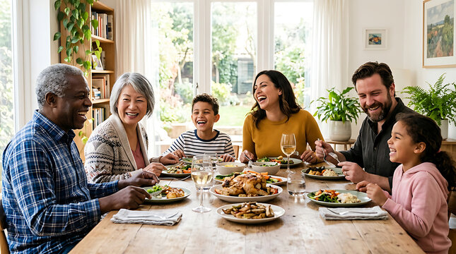 Multigenerational family enjoying a festive dinner together in a cozy home