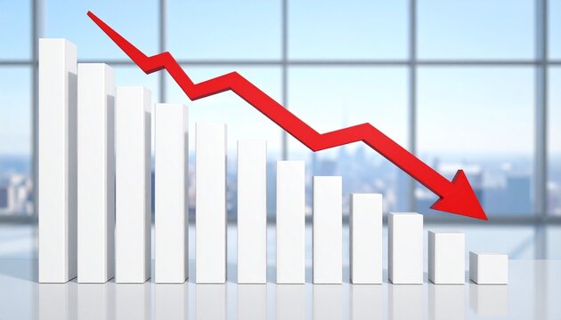 3D bar graph with white vertical bars decreasing left to right, red downward arrow across bars, blurred cityscape background, symbolic representation of decline, negative trend, business, financial pe