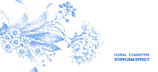 Obraz premium Floral cyanotype stipplism effect, abstract botanical illustration with blue dots on white background, artistic stippled flower arrangement design