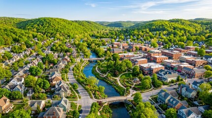Fototapeta premium Aerial view of a lush green town with river and hills.