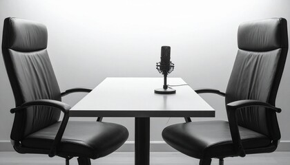 Fototapeta premium Minimalist setup with two black office chairs opposite white rectangular table, single microphone on stand centered, plain well-lit background, professional clean atmosphere symbolizing dialogue, podc