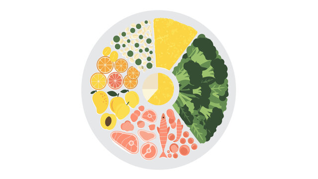 A vibrant plate filled with various foods including fruits, vegetables, and meats.