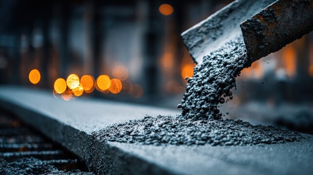 Fresh wet concrete pouring from a metal chute at an industrial construction site with warm bokeh background