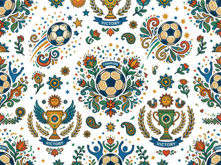 Fototapeta premium Vibrant floral pattern with soccer ball and trophy designs on white background