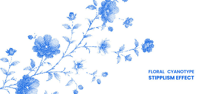 Floral cyanotype stipplism effect, blue ink dot art illustration of flowers and leaves isolated on white background