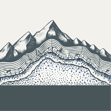 Detailed cross section of a mountain range with geological layers.