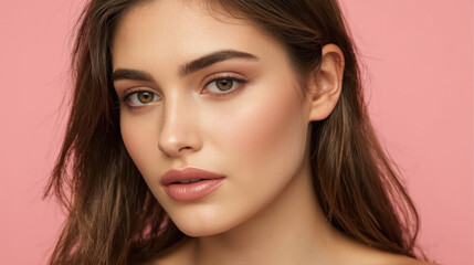 Naklejka premium Elegant woman portrait with natural makeup on blush pink background, soft expression