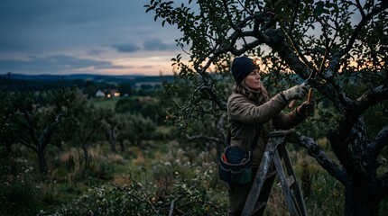 Fototapeta premium Woman pruning fruit tree in orchard at dusk wearing headlamp on ladder