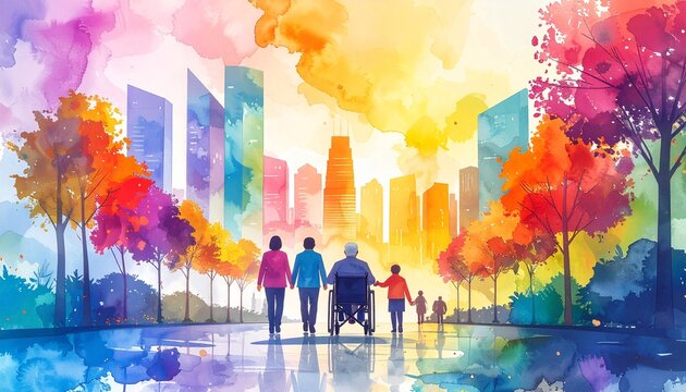 高層ビル群を背景に車椅子で街を歩む家族の絆