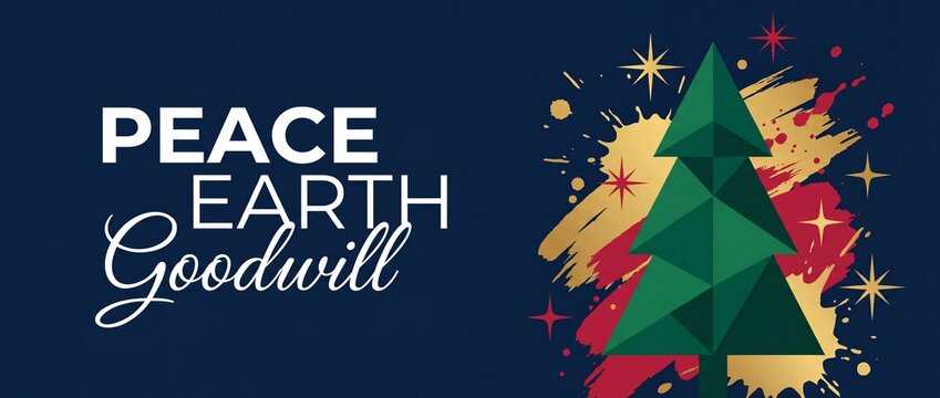 Christmas greeting card banner background with geometric tree and artistic gold red paint splatters wishing peace on earth and goodwill for winter holiday celebration decorative graphic design layouts