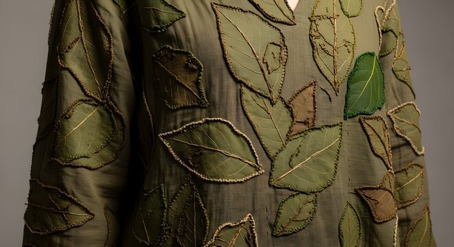 Intricate olive green fabric garment features detailed embroidered leaf patterns with realistic textures and soft lighting in a close view