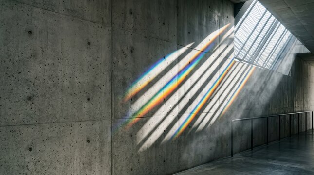 Rainbow flag waving in urban concrete underpass with dramatic light and shadow patterns